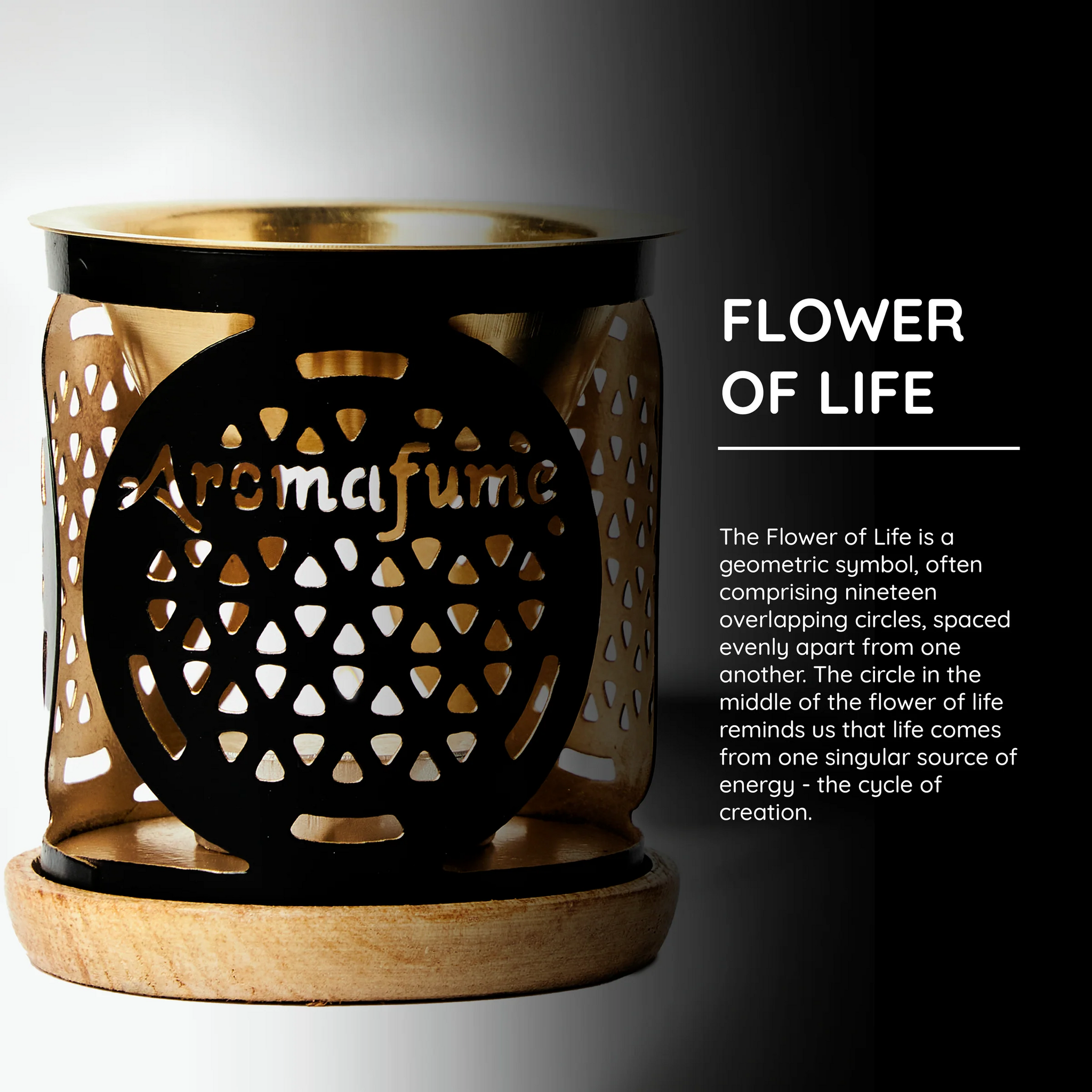 Aromalampa Flower Of Life, diffuser svart/guld med träunderlägg