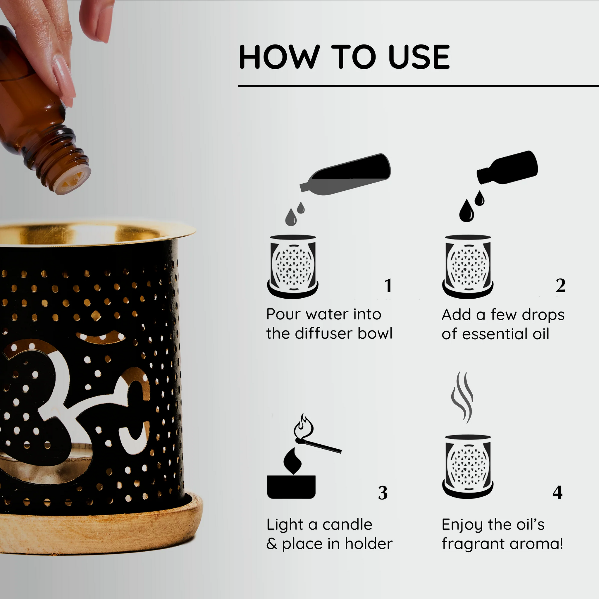 Aromalampa Ohm, diffuser svart/guld med träunderlägg