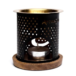 Aromalampa Ohm, diffuser svart/guld med träunderlägg