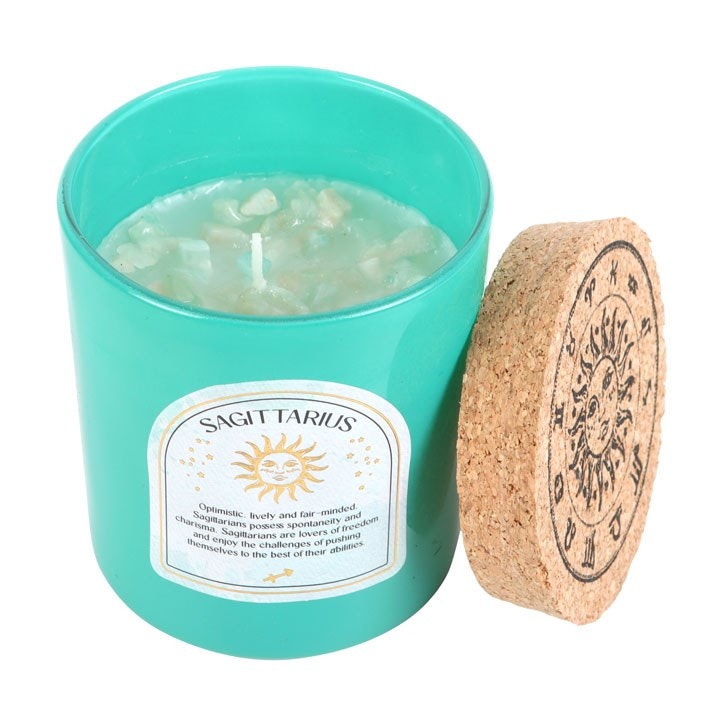 Stjärnteckenljus Skytten (Sagittarius) - Ylang Ylang & Amber, Zodiac doftljus med Amazonit 21h