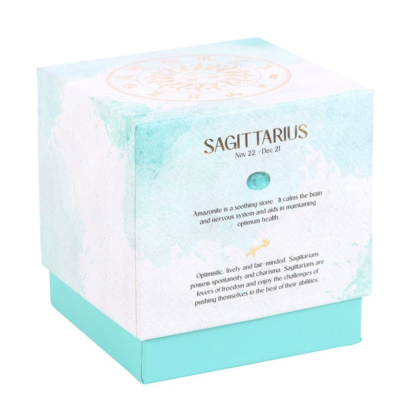 Stjärnteckenljus Skytten (Sagittarius) - Ylang Ylang & Amber, Zodiac doftljus med Amazonit 21h