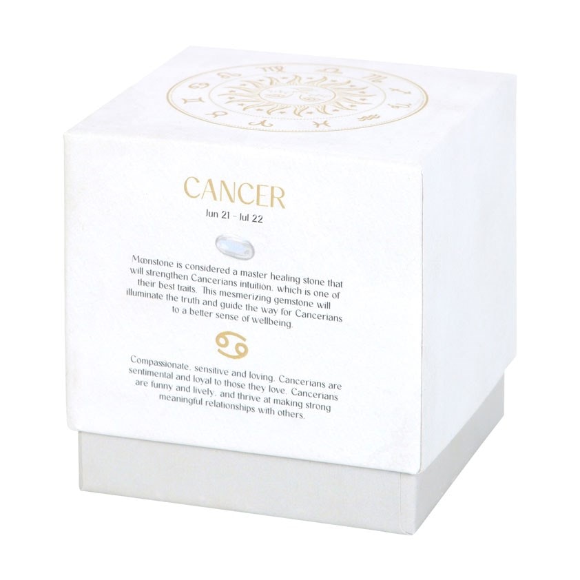 Cancer (Kräftan) - Orange & Chamomile, Zodiac doftljus med Vit Regnbågsmånsten 21h