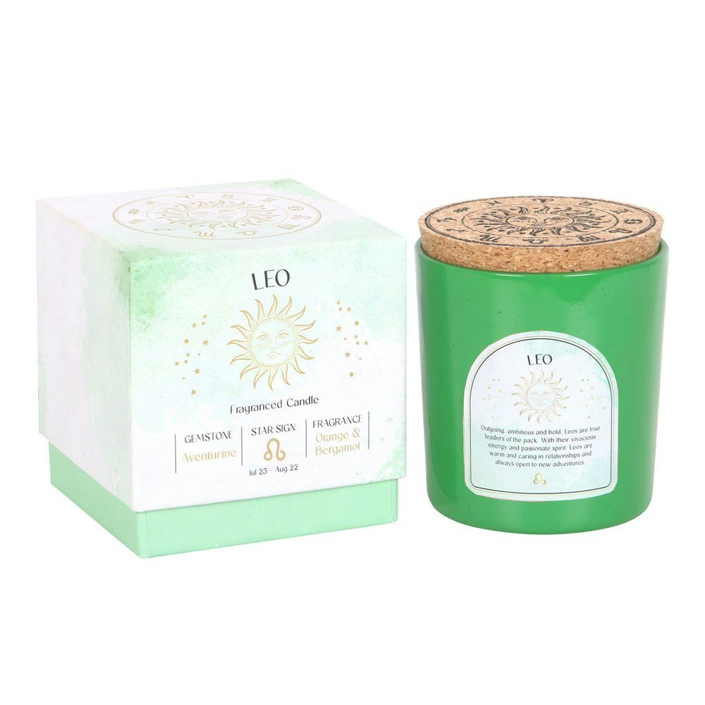 Stjärnteckenljus Lejonet (Leo) - Orange & Bergamot, Zodiac doftljus med Grön Aventurin 21h