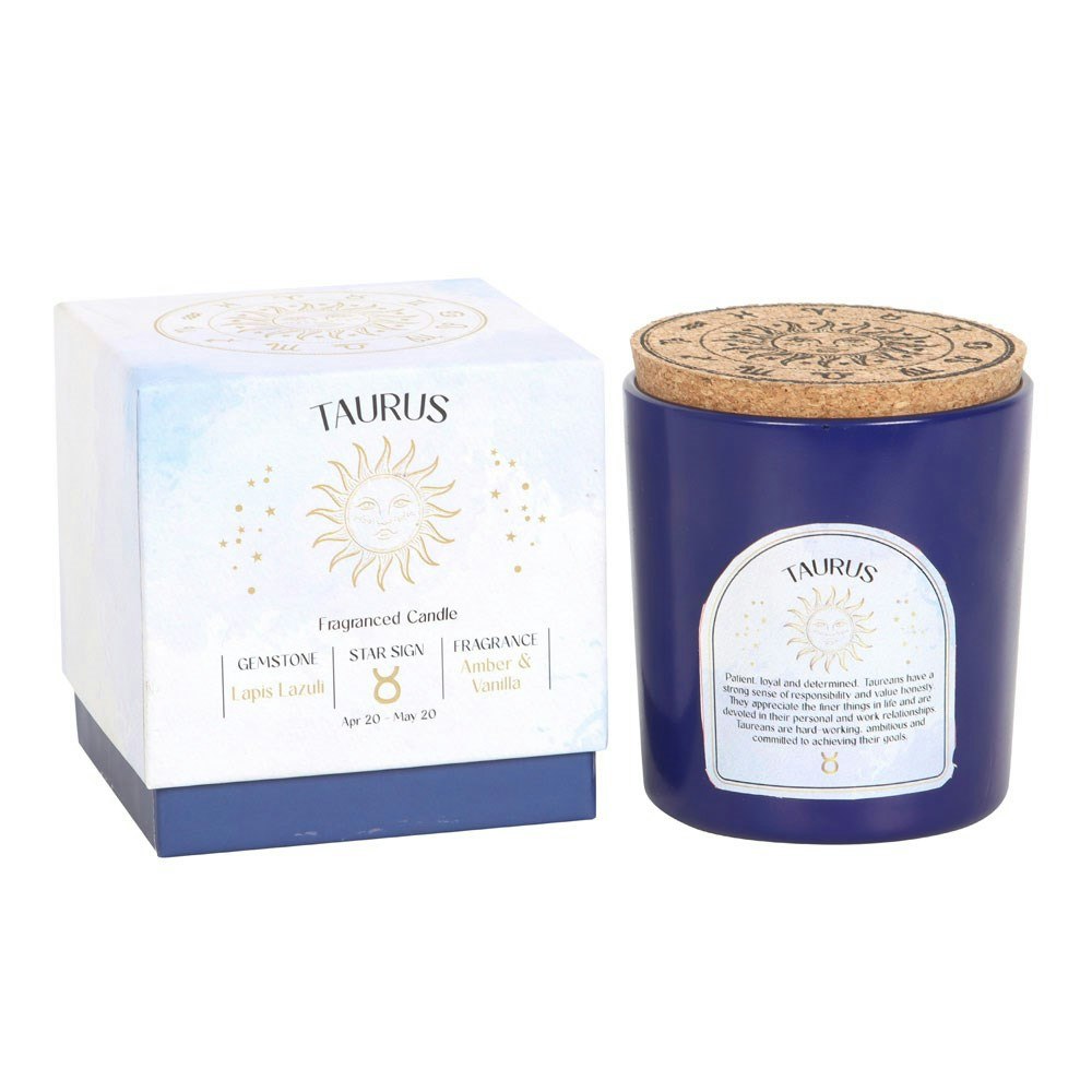 Taurus (Oxen) - Amber & Vanilla, Zodiac doftljus med Lapis Lazuli 21h