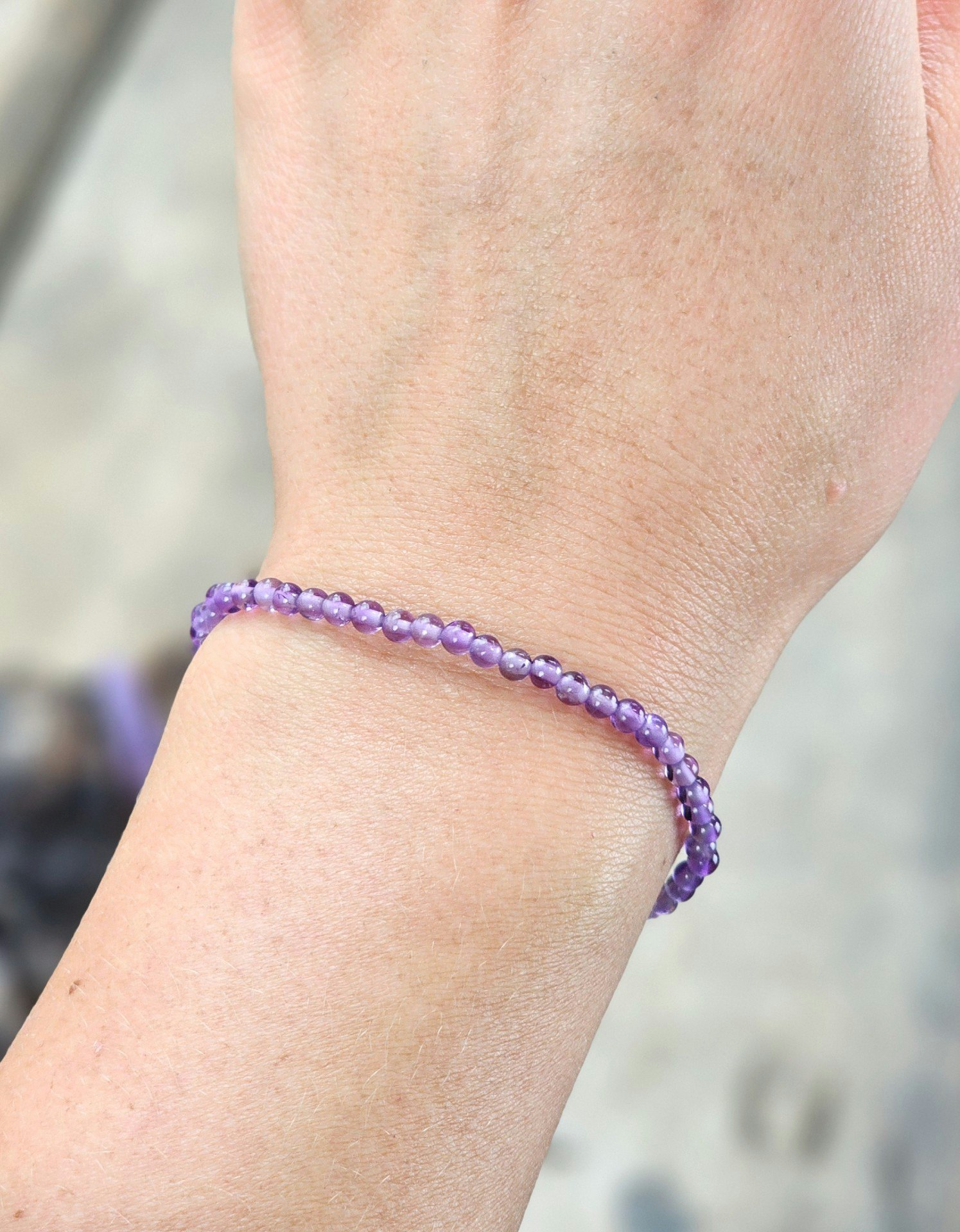 Ametist 3mm runda pärlor, justerbart armband 925 silver