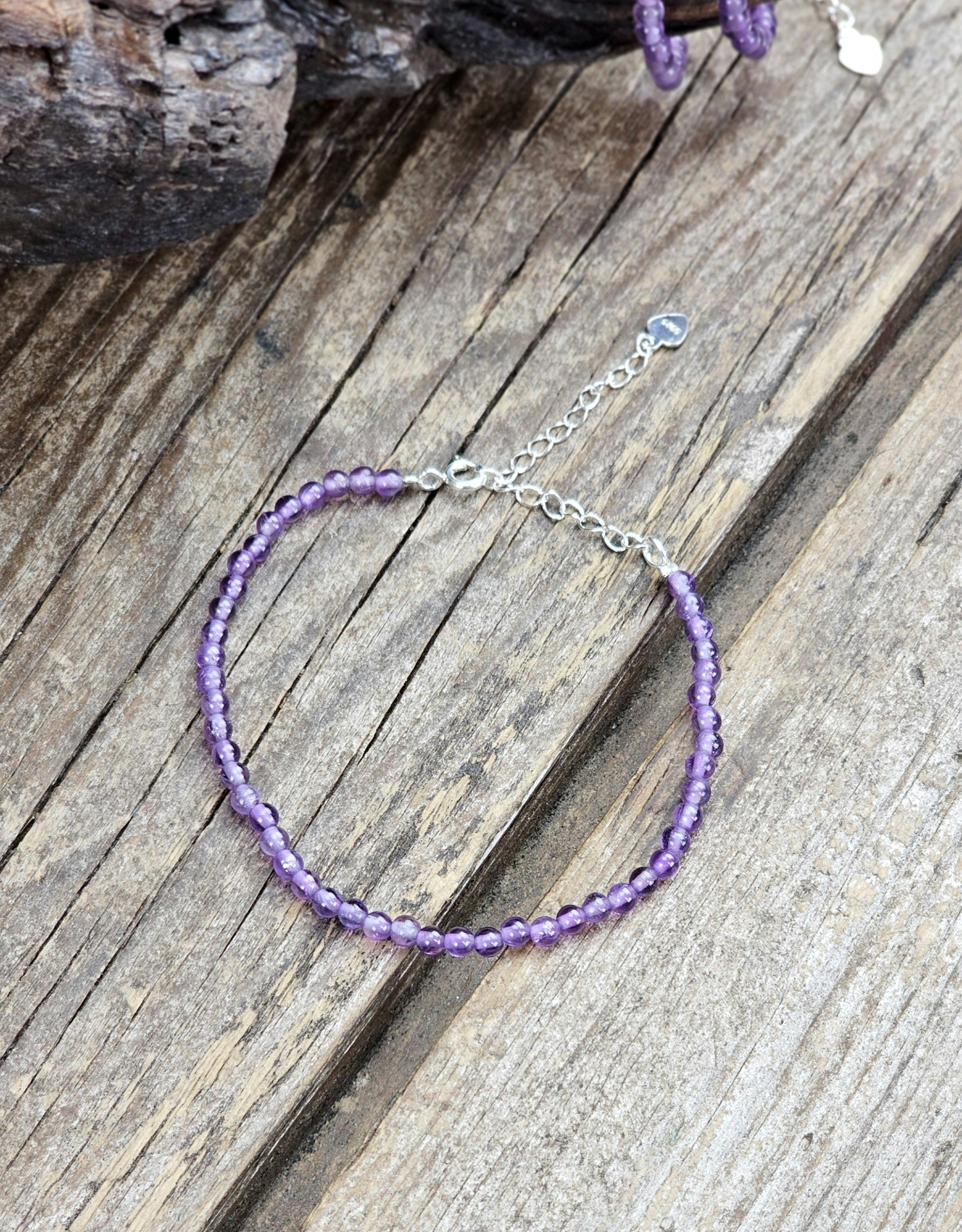 Ametist 3mm runda pärlor, justerbart armband 925 silver