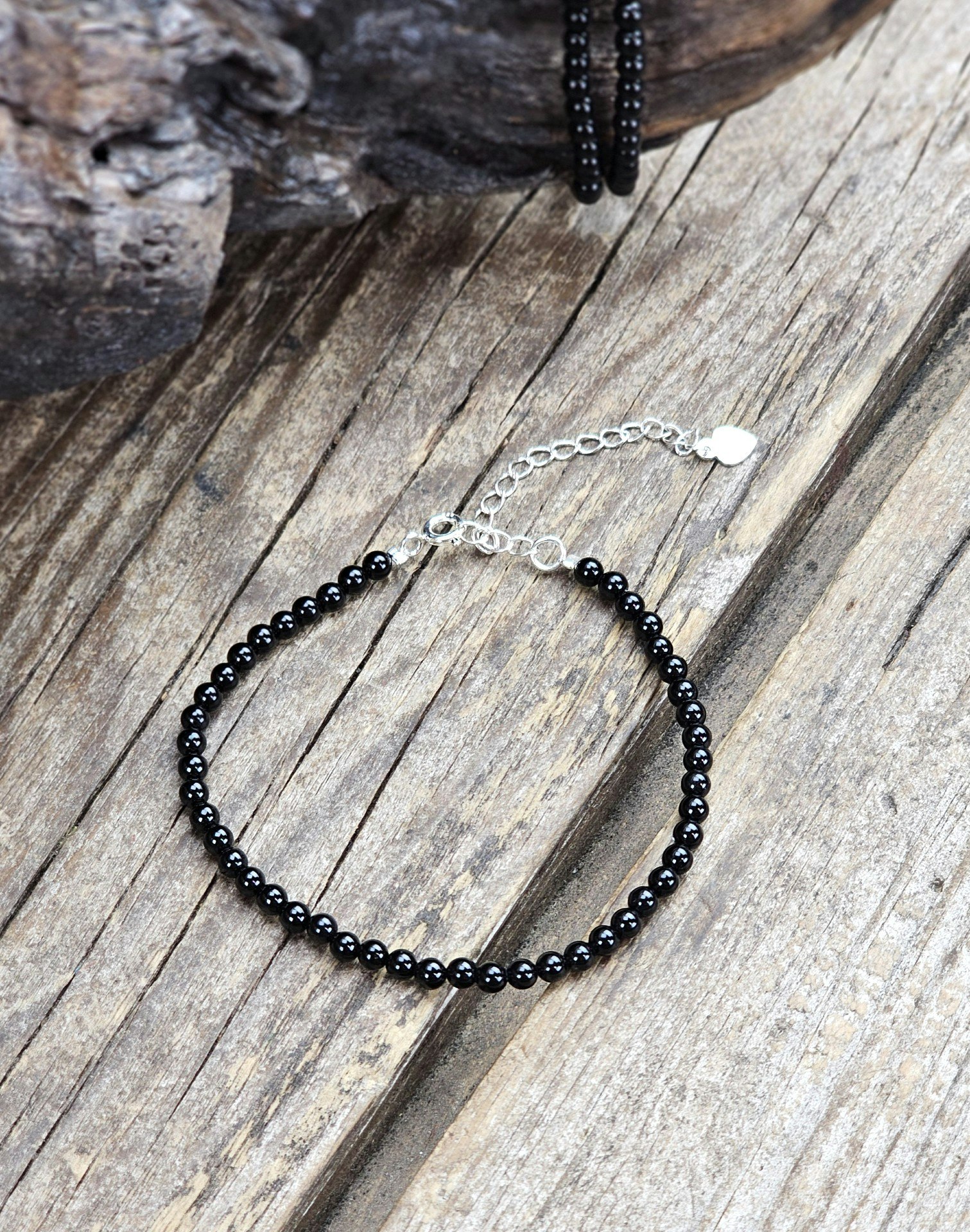 Onyx 3mm runda pärlor, justerbart armband 925 silver
