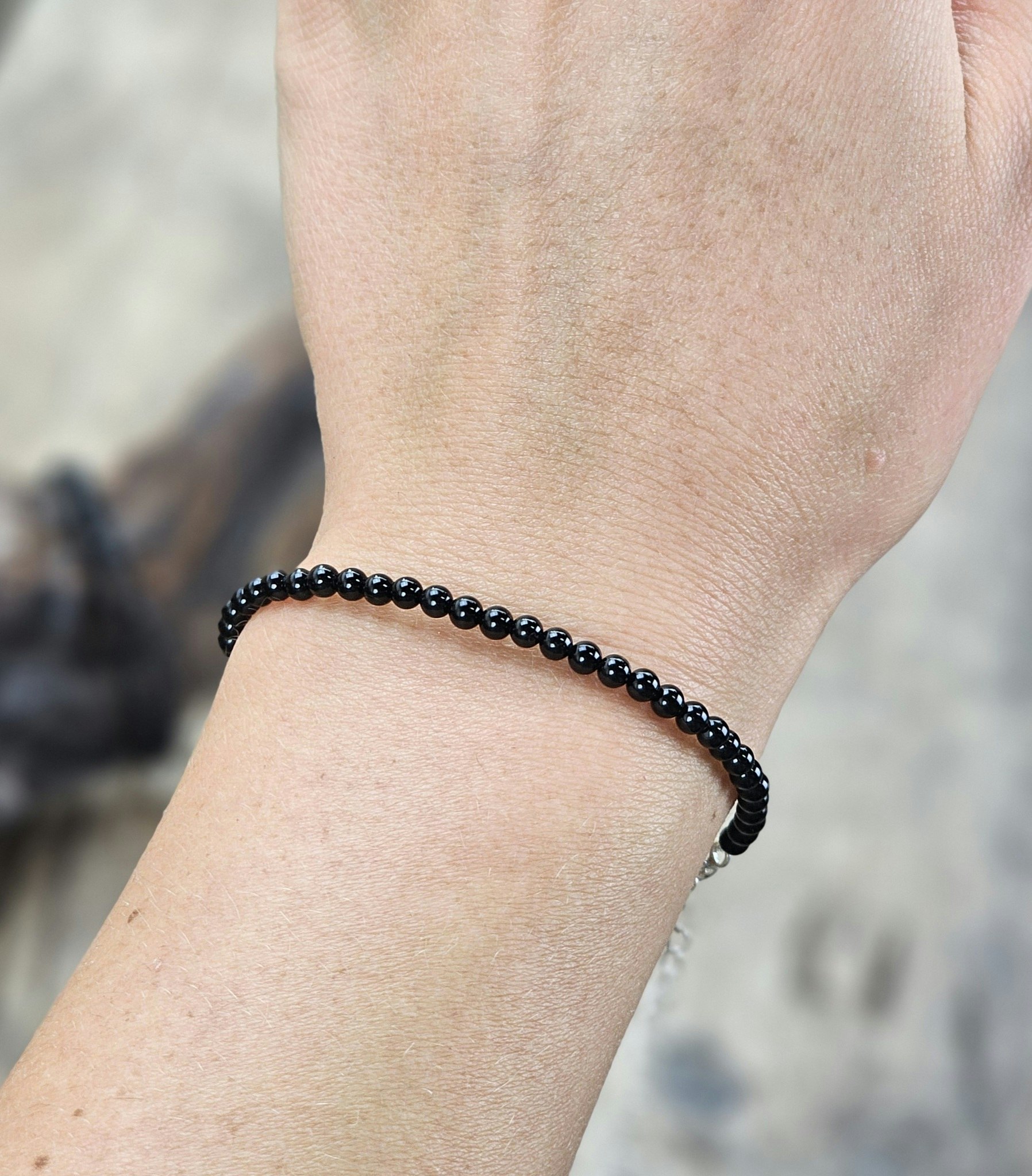Onyx 3mm runda pärlor, justerbart armband 925 silver