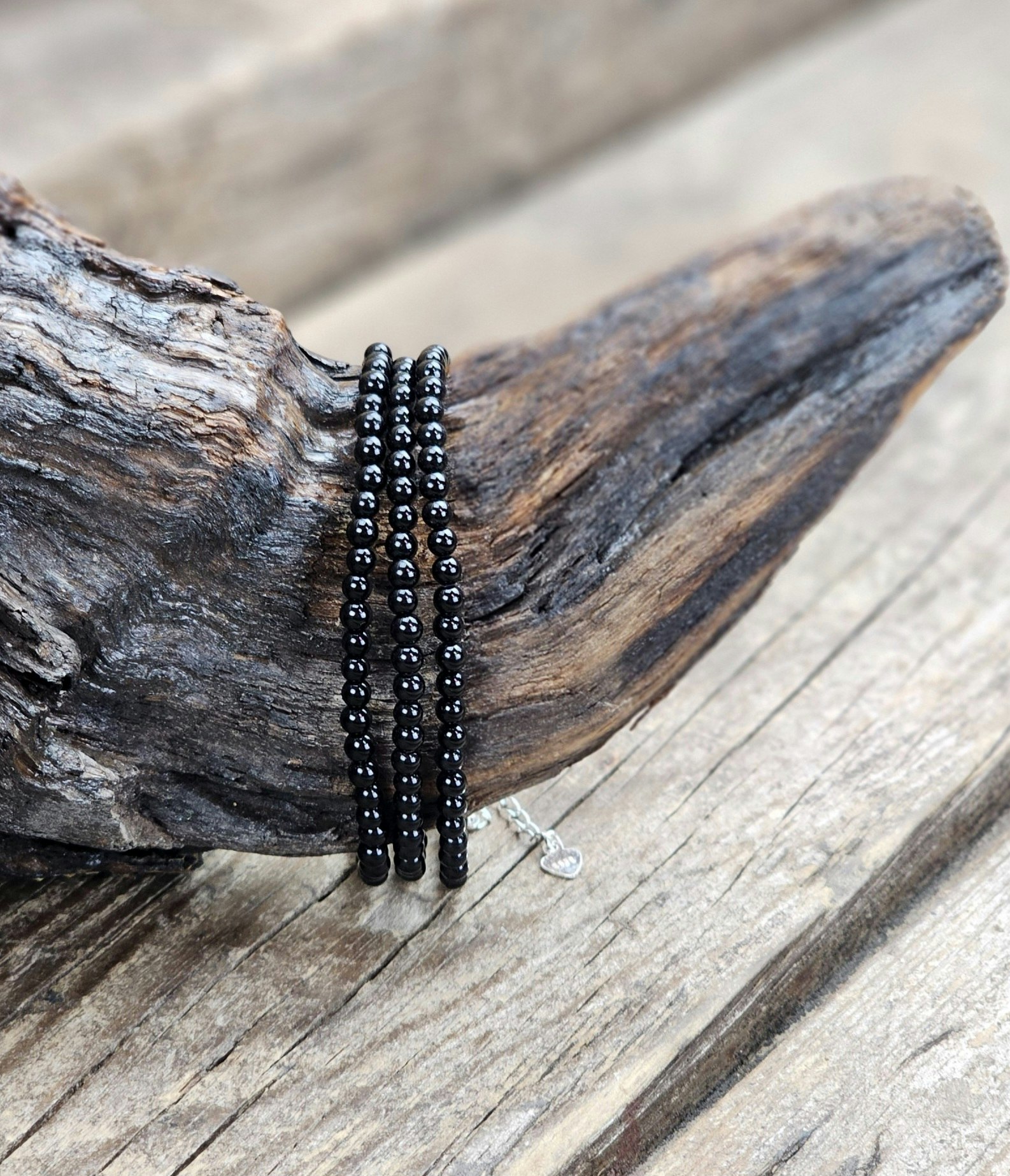 Onyx 3mm runda pärlor, justerbart armband 925 silver
