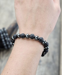 Lavasten & Hematit mix, armband 8mm runda pärlor