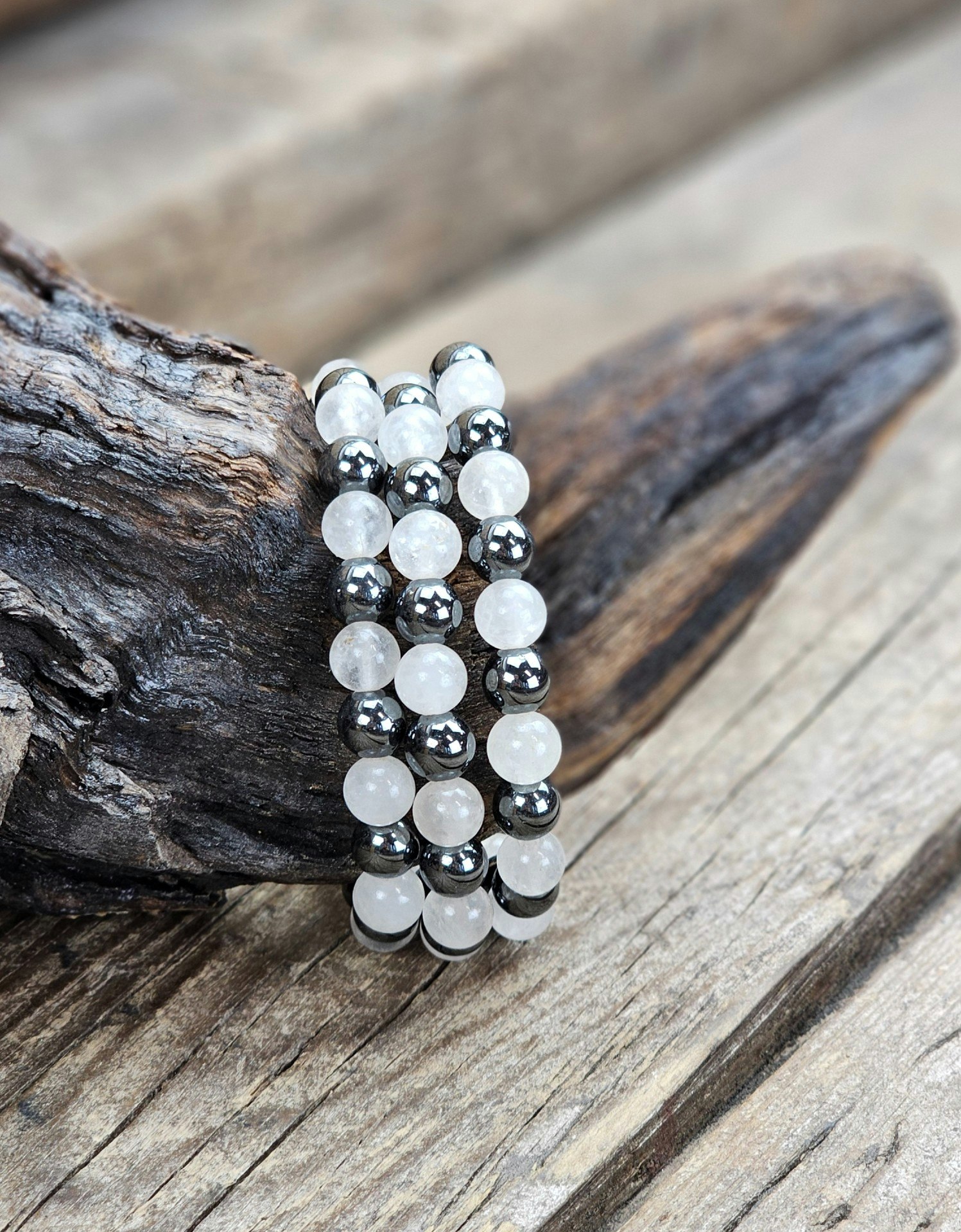 Bergkristall & Hematit mix, armband 8mm runda pärlor