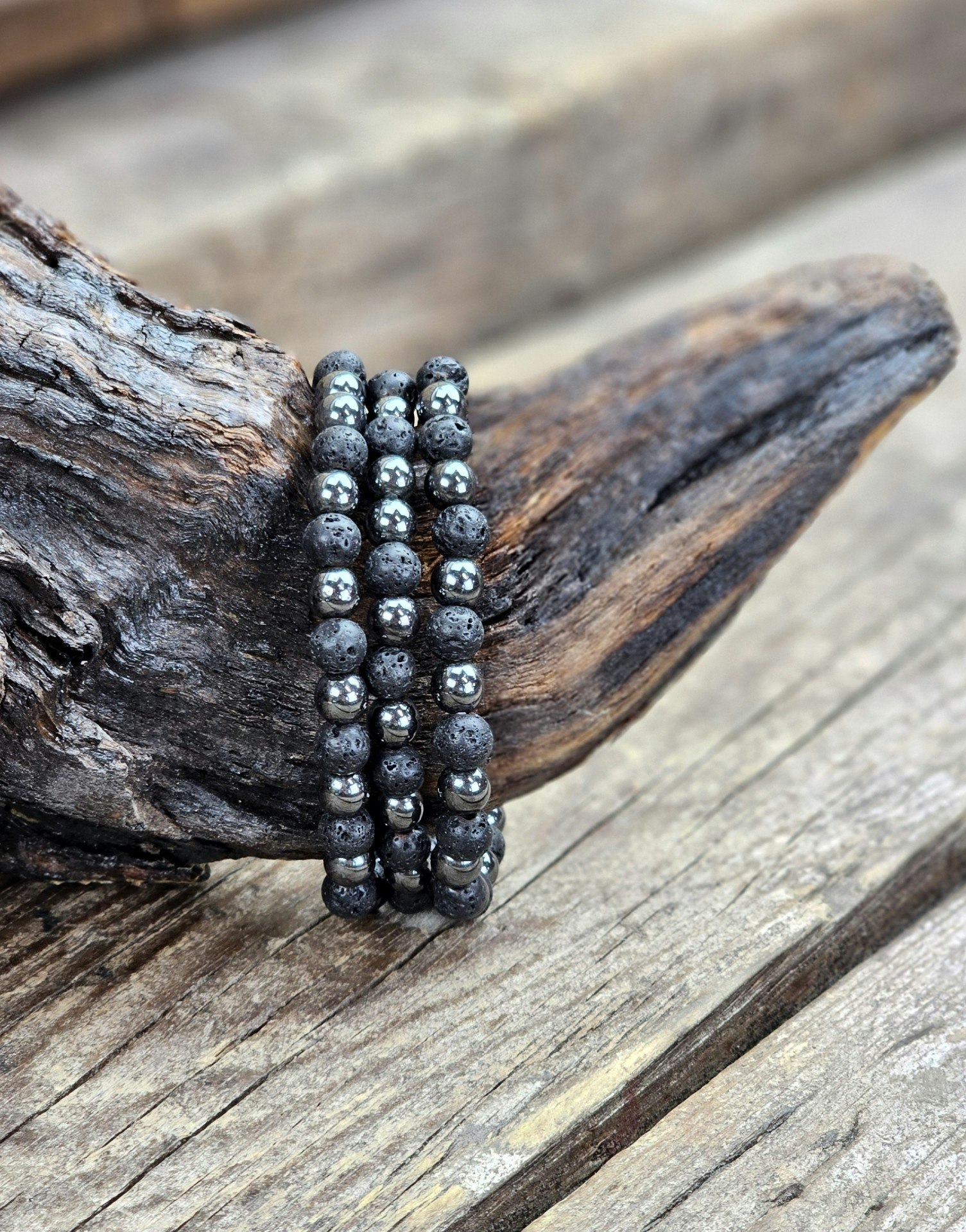 Lavasten & Hematit mix, armband 6mm runda pärlor