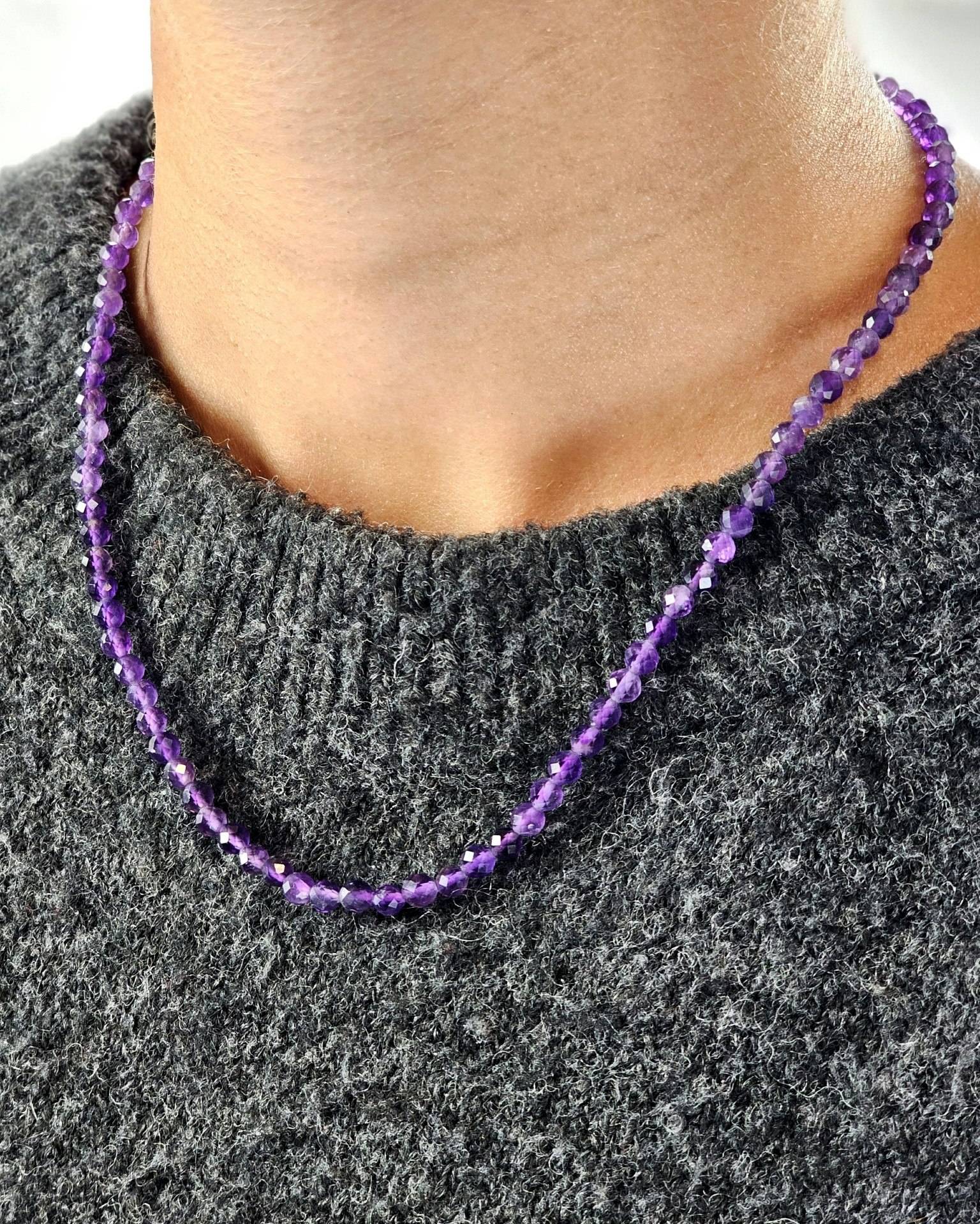 Ametist, halsband 4mm facetterade pärlor 925s.