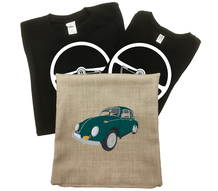 Svart T-shirt, dam och herr. VW Beetle ORIGINAL + beige kuddfodral med VW 1300, 1967