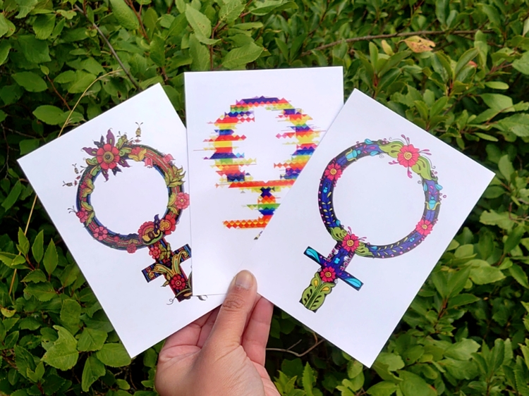 Tre vackra vykort med kvinnomärket venus