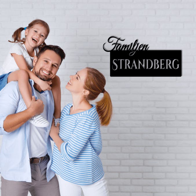 Lycklig familj med sin skylt "Familjen Strandberg" i bakgrunden.