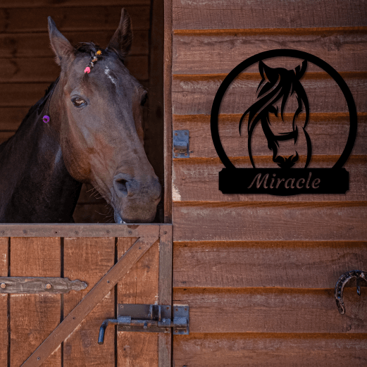 Häst bredvid namnskylt i metall med hästmotiv.