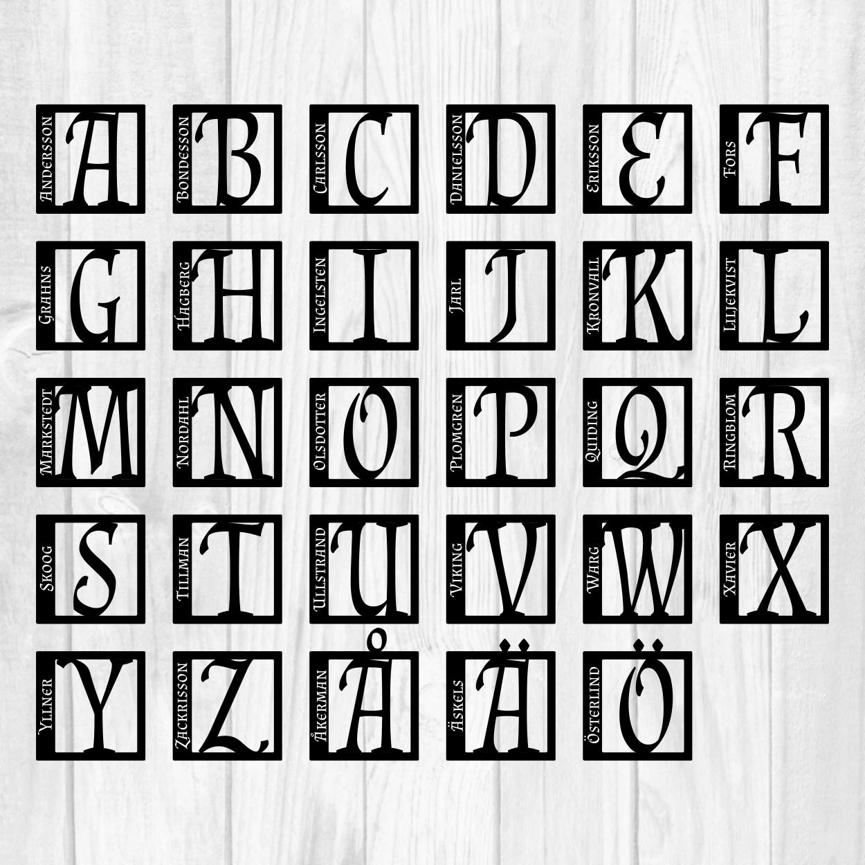 Bild av hur samtliga bokstäver i alfabetet ser ut i denna skyltdesign.
