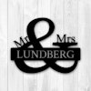 Skylt i metall utformad som ett &-tecken med texten Mr & Mrs Lundberg.