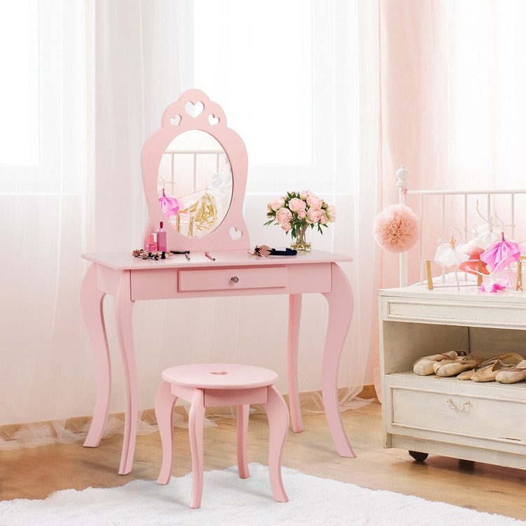 Sminkbord med pall och rosa spegel - Good Deal Sverige