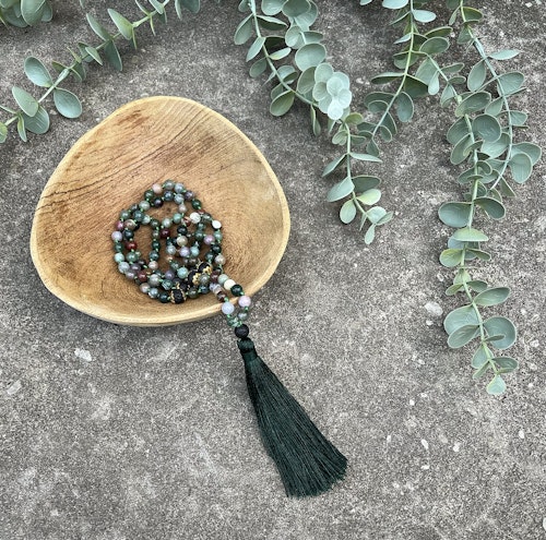 Mala halsband (handknutet) Indisk agat & Lavasten