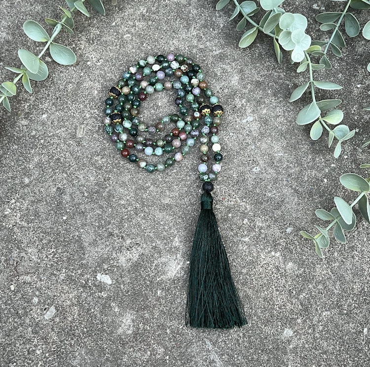 Mala halsband (handknutet) Indisk agat & Lavasten