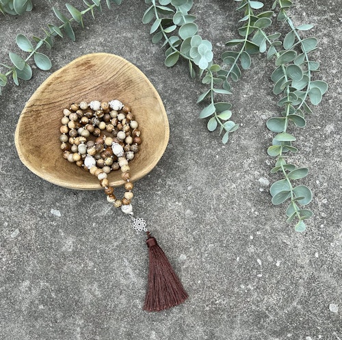 Mala halsband (handknuten) Bildjaspis & Vit matt jaspis