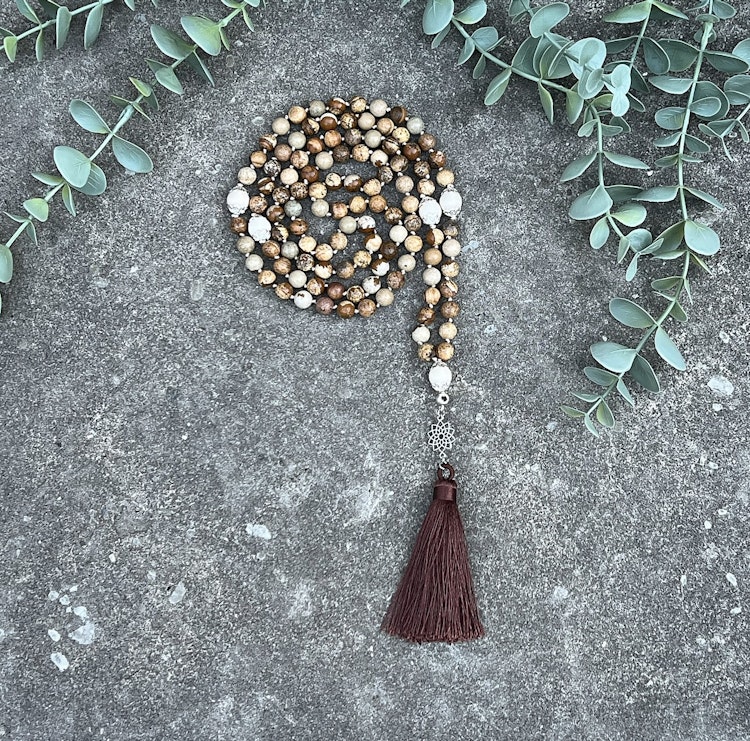 Mala halsband (handknuten) Bildjaspis & Vit matt jaspis