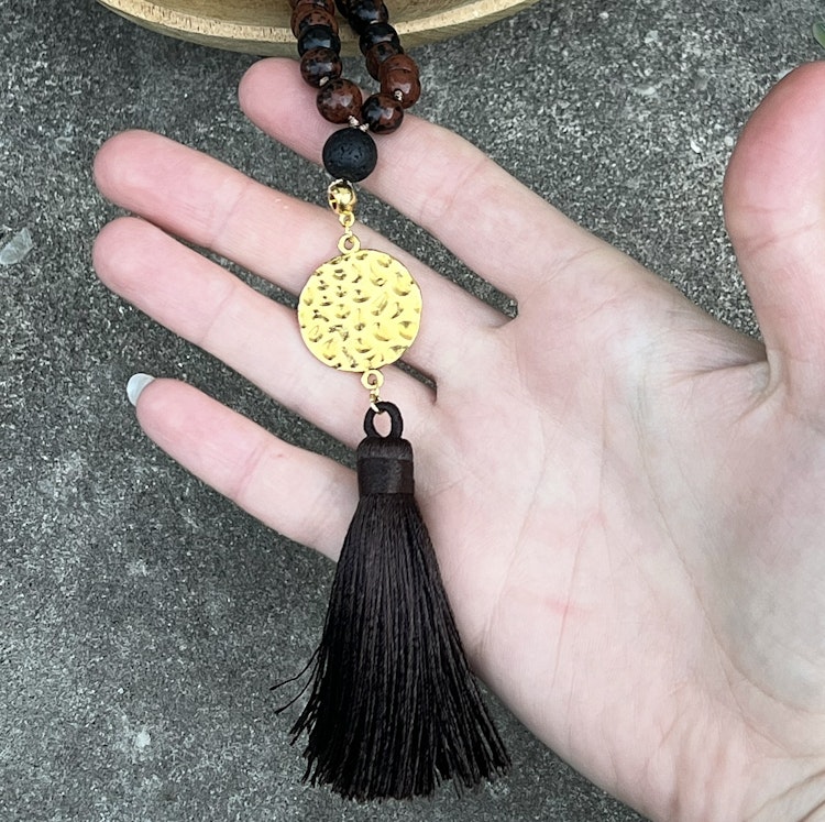 Mala halsband (handknutet) Mahogny obsidian & Lavasten