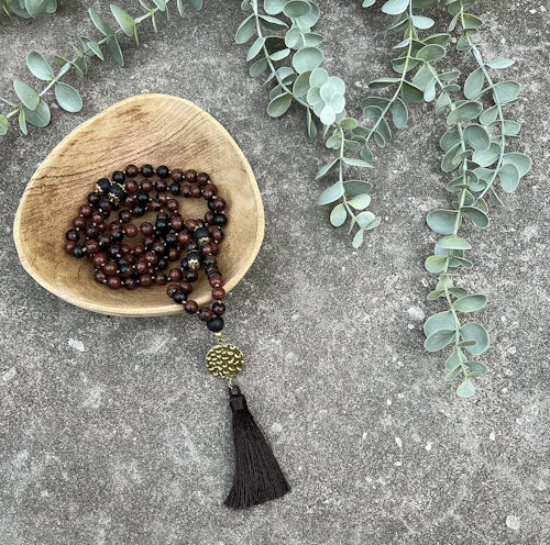 Mala halsband (handknutet) Mahogny obsidian & Lavasten