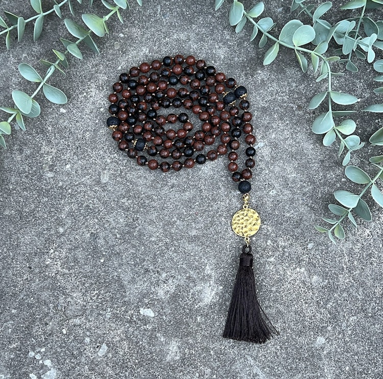Mala halsband (handknutet) Mahogny obsidian & Lavasten