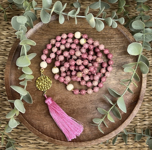 Mala halsband (handknutet) Rhodonit & Vit matt jaspis