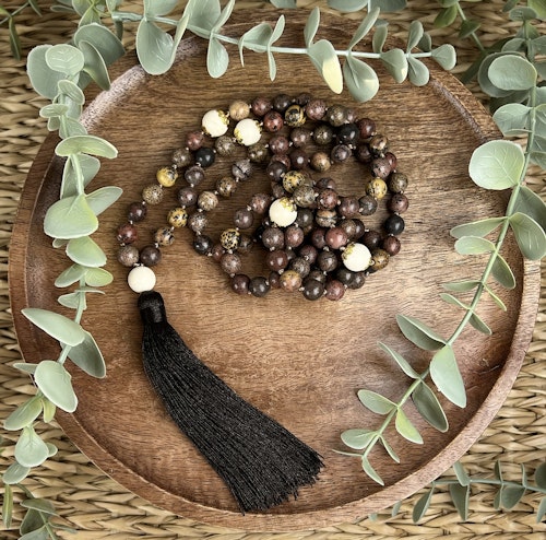 Mala halsband (handknutet) Dendritjaspis & Vit matt jaspis