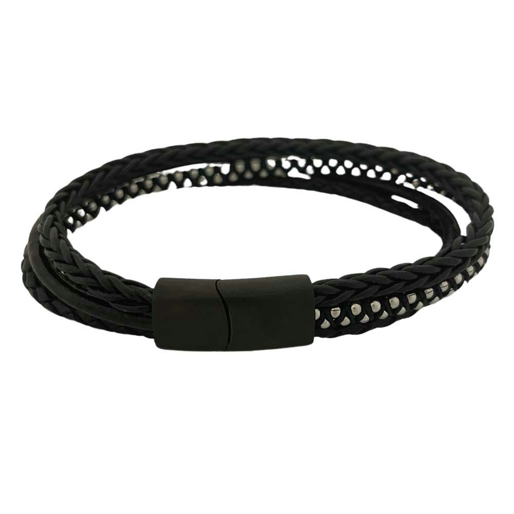 Stilrent treradigt svart läderarmband från catwalksmycken