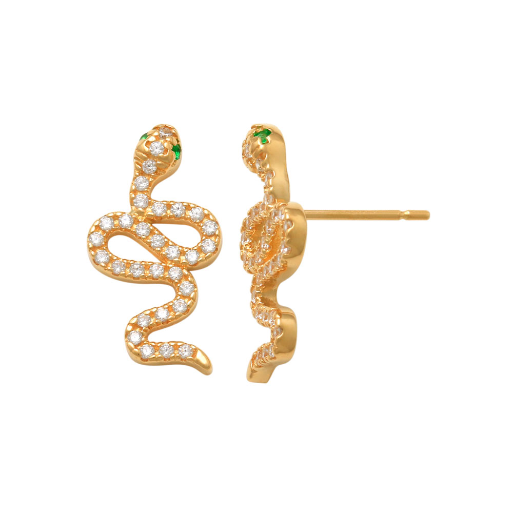 Vackra örhängen i form av ormar med gnistrande cz-stenar och smaragder i 18K guld från Catwalk Jewellery