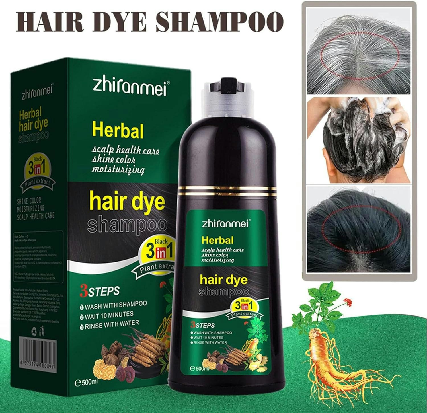 Black Hair Dye Shampoo 3 i 1 500ml