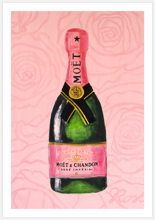 Tavla med Champagne flaska och vit marinal, målad och printad av Insplendor Art Studio i Sverige.