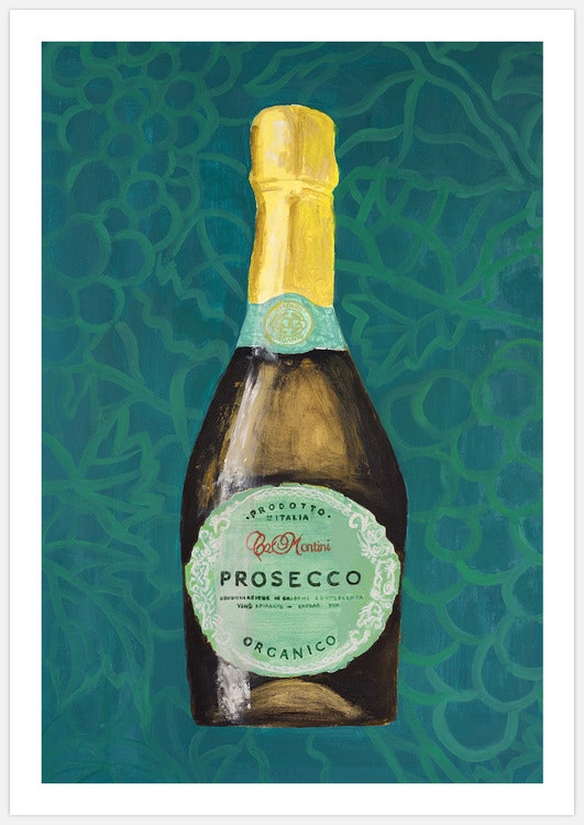 Tavla med Proseccoflaska och bård målad av Insplendor studio.