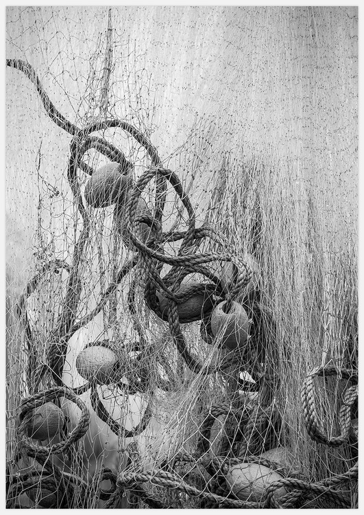 Tavla med fiskenät i svartvitt, Fisherman's Net Art Print, foto Insplendor art studio i Sverige.