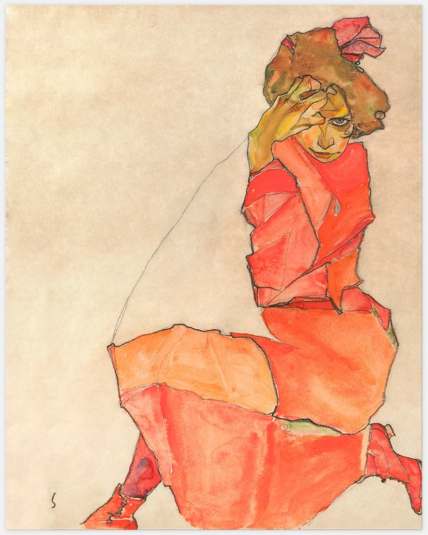 Kneeling Female in Orange-Red Dress– Fine Art Print