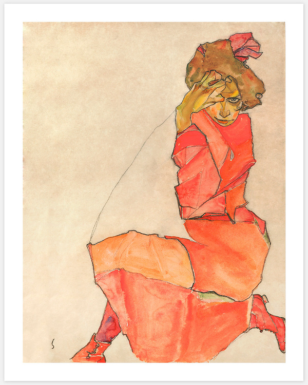 Kneeling Female in Orange-Red Dress– Fine Art Print