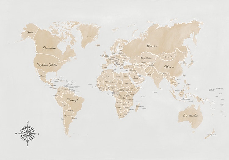 World Map in beige Canvas