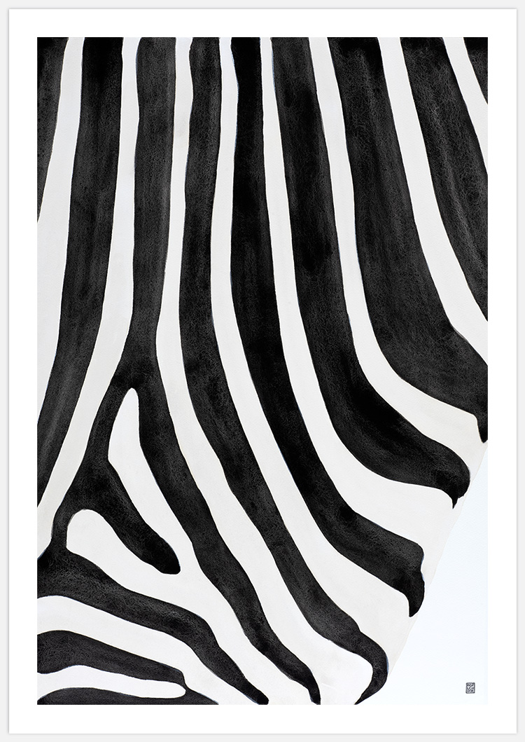 Produktbild på tavla med målat zebramönster med vit marginal, målad av Insplendor Art Studio i Sverige.