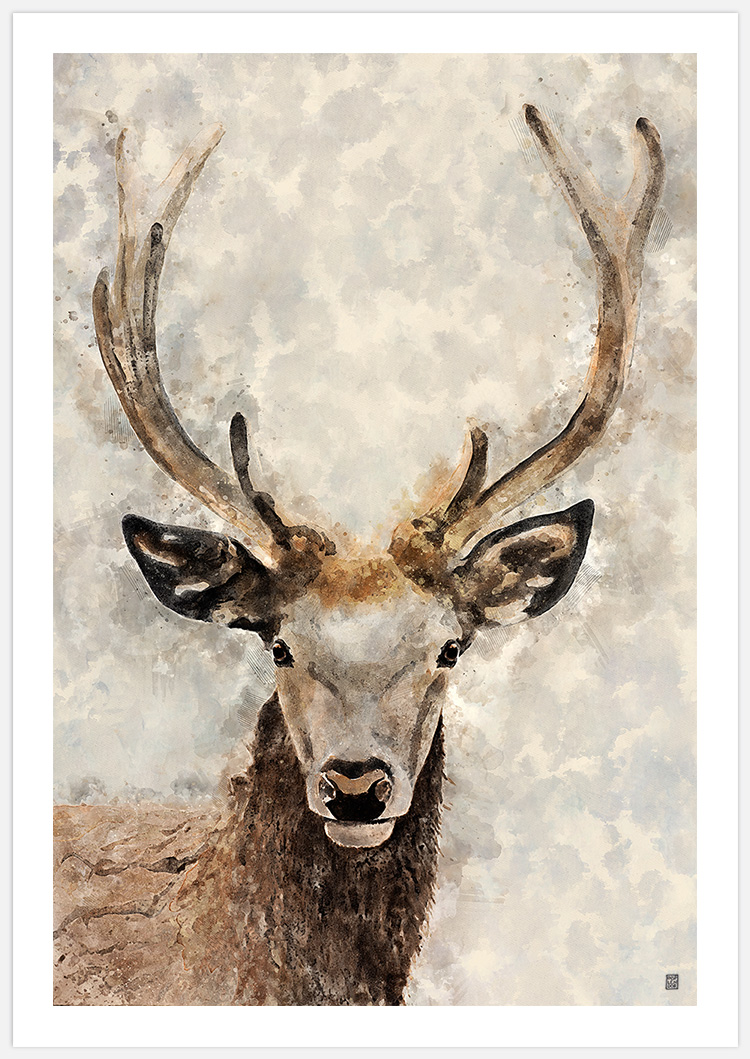 Produktbild på tavla med akvarellmålad hjort och vit marginal skapad av Insplendor Art Studio i Sverige.