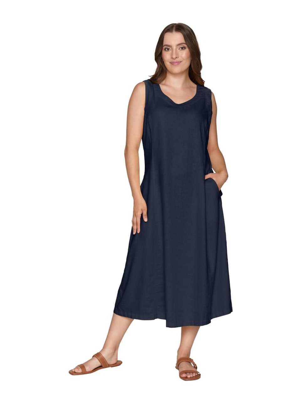 Ärmlös klänning lin/viskos (MARINBLÅ) (2XL KVAR)