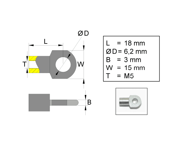 Fästögla för gasfjäder; L=18; M5, max 150N