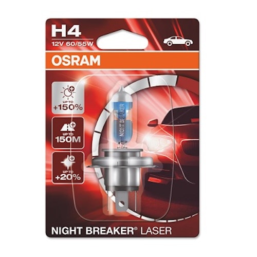 H4, Glödlampa 12V, 60/55 W, Osram, Dimstrålkastare Night Breaker Laser