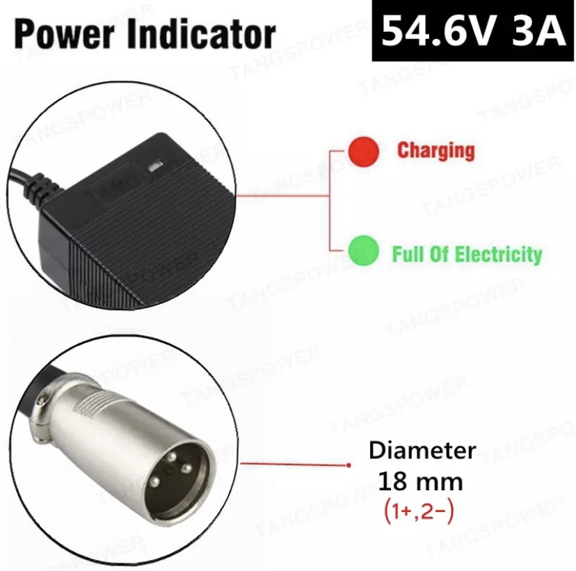 Laddare till Elscooter 3-Stifts XLR 54.6V 3A för 13S 48V Li-ion batteri