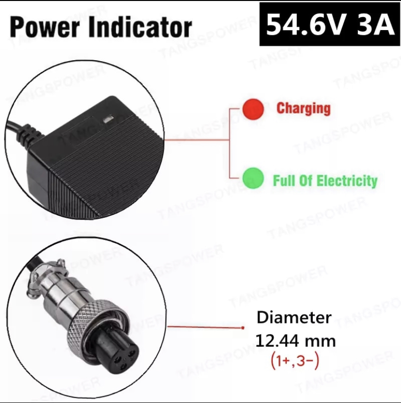 Laddare till Elscooter 3-stifts GX16 54.6V 3A för 13S 48V Li-ion batteri