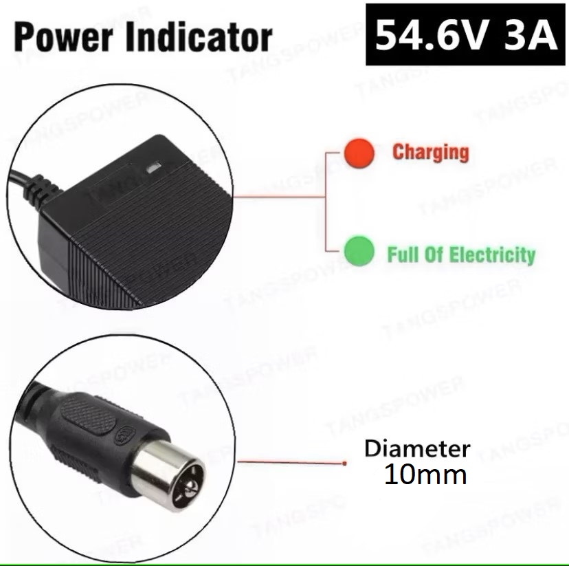 Laddare till Elscooter Diameter 10mm 54.6V 3A för 13S 48V Li-ion batteri